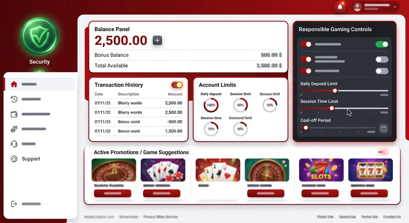 Panel gracza TotalCasino z saldem historią i limitami